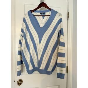 Prettygarden XL Blue Cream Chevron Striped V Neck Knit Sweater NWT Soft Casual